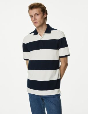 

Mens M&S Collection Pure Cotton Striped Pique Polo Shirt - Navy Mix, Navy Mix