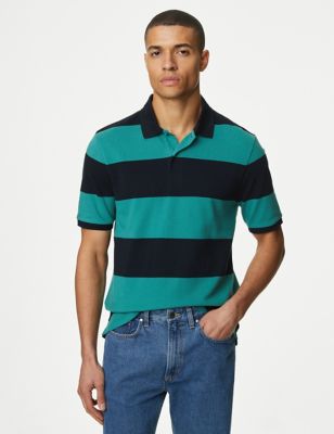 

Mens M&S Collection Pure Cotton Striped Pique Polo Shirt - Sea Green, Sea Green