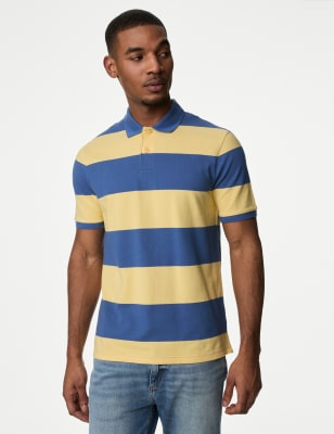 M&S Men's Pure Cotton Striped Pique Polo Shirt - XXXXLLNG - Yellow Mix, Yellow Mix,Pink Mix,Navy Mix