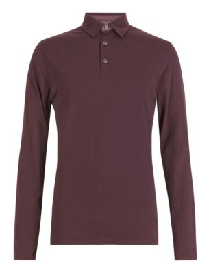 Cotton Rich Long Sleeve Tailored Fit Polo Shirt | M&S Collection | M&S