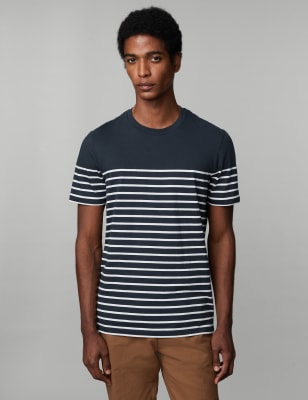 

JAEGER Mens Pure Cotton Striped T-Shirt - Navy Mix, Navy Mix