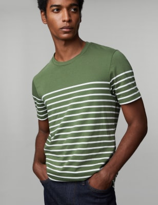 

JAEGER Mens Pure Cotton Striped T-Shirt - Dark Green Mix, Dark Green Mix