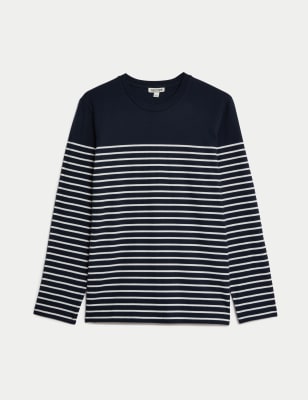 

JAEGER Mens Schweres T-Shirt aus reiner Baumwolle mit Streifen - Navy Mix, Navy Mix