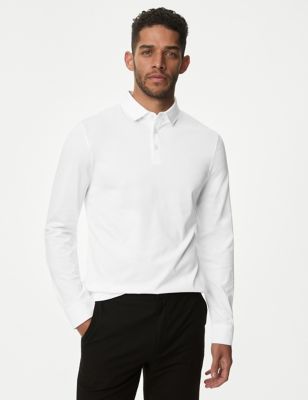 Autograph Mens Pure Supima® Cotton Long Sleeve Polo Shirt - SREG - White, White,Fawn,Dark Navy