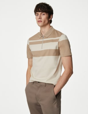 Autograph Mens Pure Supima Cotton Striped Polo Shirt - SREG - Natural Mix, Natural Mix,Blue Mix