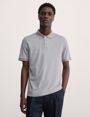 Jaeger Men's Pure Cotton Geometric Print Polo Shirt - SREG - Natural Mix, Natural Mix