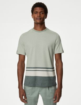 

Mens Autograph Pure Cotton Striped T-Shirt - Green Mix, Green Mix
