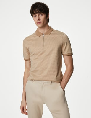 Autograph Mens Pure Cotton Textured Half Zip Polo Shirt - XXLREG - Neutral, Neutral