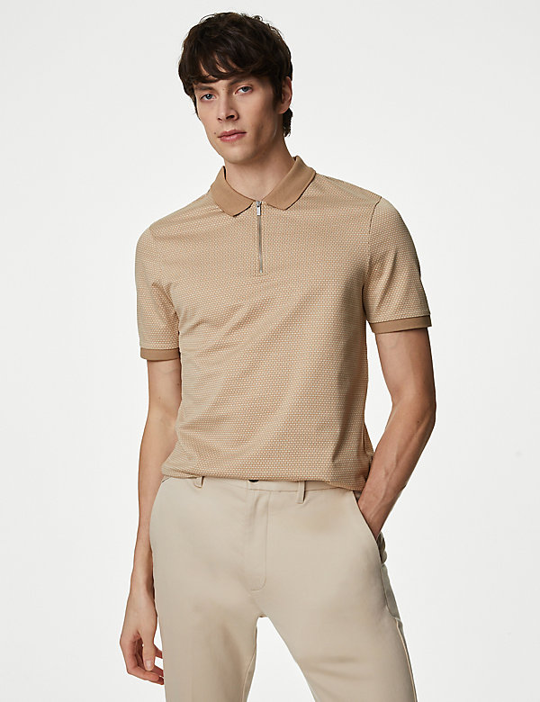 Pure Cotton Textured Half Zip Polo Shirt - SK