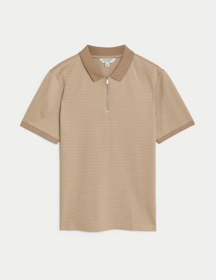 Pure Cotton Textured Half Zip Polo Shirt