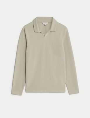 Cotton Blend Long Sleeve Polo Shirt