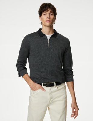 Pure Cotton Half Zip Long Sleeve Polo Shirt - CA