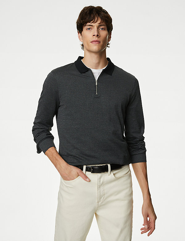 Pure Cotton Half Zip Long Sleeve Polo Shirt - DE
