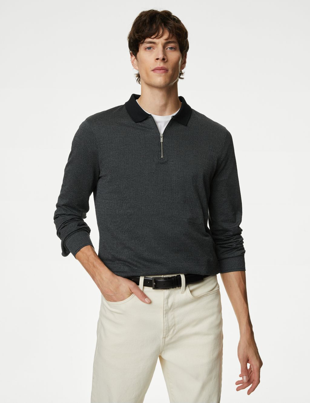 Pure Cotton Half Zip Long Sleeve Polo Shirt image 1