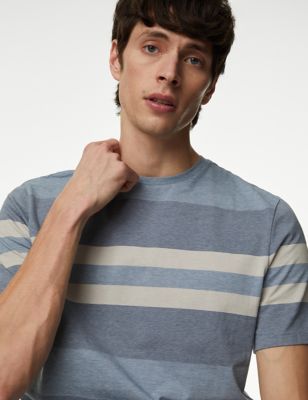 Autograph Men's Pure Cotton Striped T-Shirt - SREG - Denim Mix, Denim Mix,Grape Mix