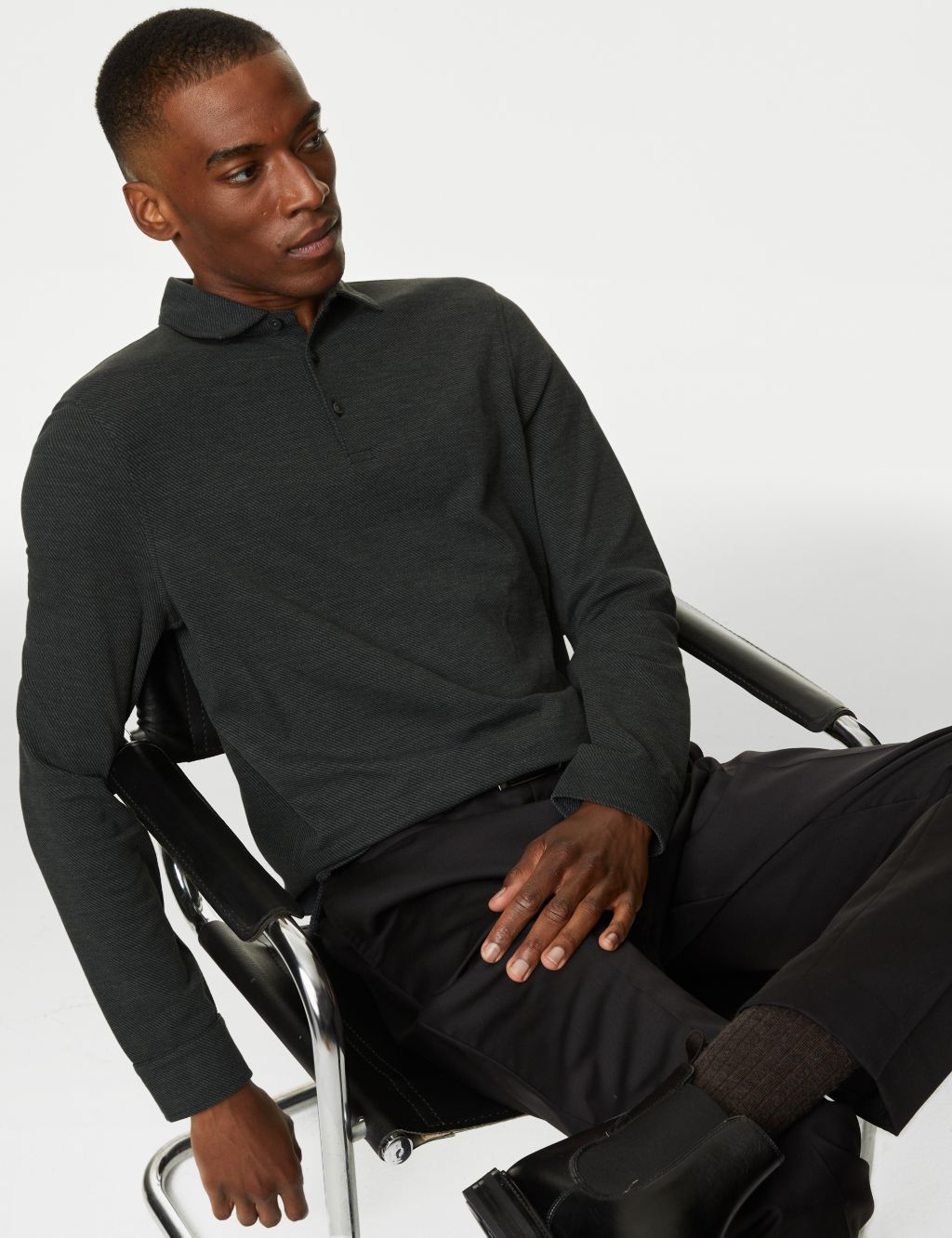 Cotton Rich Textured Long Sleeve Polo Shirt image 1