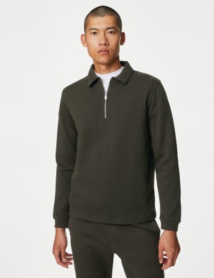 

Mens Autograph Cotton Rich Textured Half Zip Sweatshirt - Dark Olive, Dark Olive