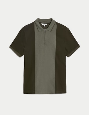 Pure Cotton Half Zip Colour Block Polo Shirt