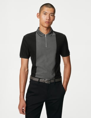 

Mens Autograph Poloshirt aus reiner Baumwolle mit Blockfarben und halbem Reißverschluss - Black, Black