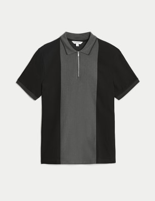 Pure Cotton Half Zip Colour Block Polo Shirt