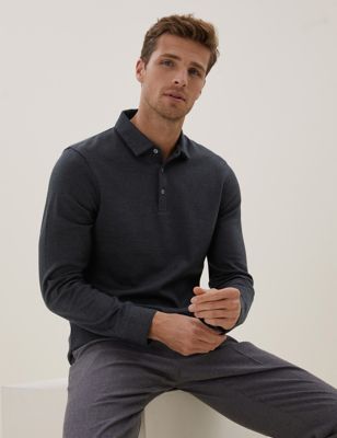 

Mens Autograph Cotton Rich Textured Long Sleeve Polo Shirt - Charcoal, Charcoal