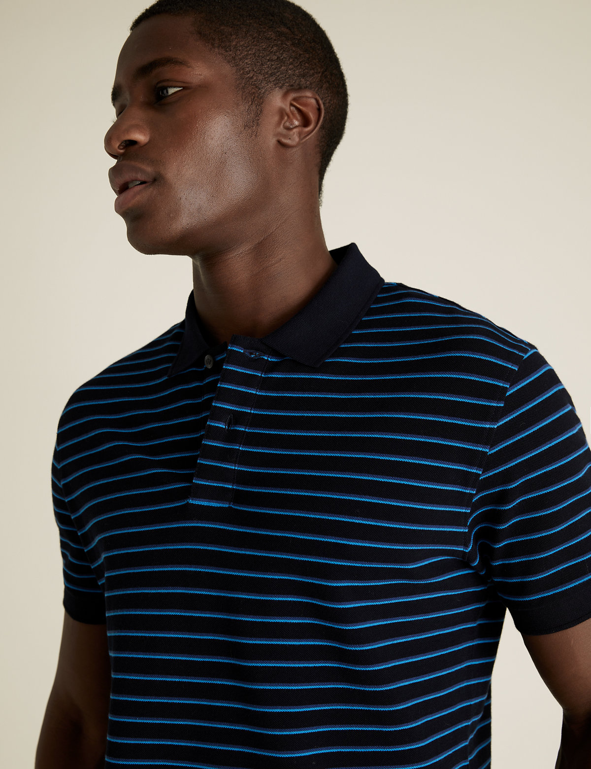 Pure Cotton Pique Striped Polo Shirt.