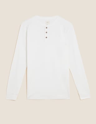 

Mens M&S Collection Henley-T-Shirt aus gebürsteter Baumwolle mit langen Ärmeln - Ivory, Ivory
