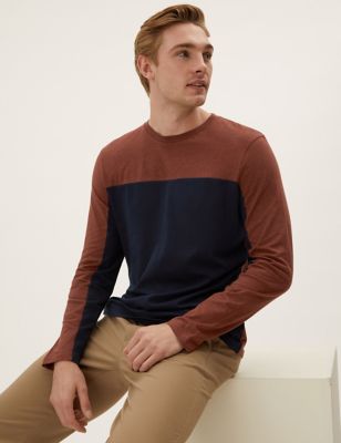 

Mens M&S Collection Pure Cotton Colour Block Long Sleeve T-Shirt - Copper, Copper