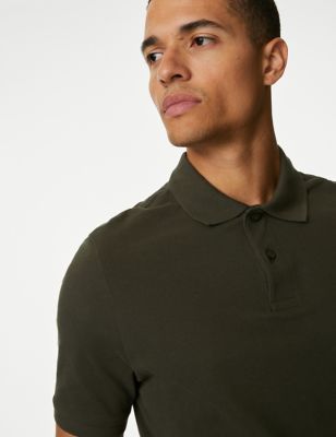 M&S Mens Pure Cotton Pique Polo Shirt - XLLNG - Medium Khaki, Medium Khaki,Wine,Chestnut,Faded Orang