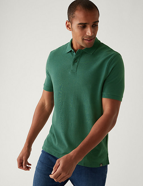 Marks And Spencer Mens M&S Collection Pure Cotton Pique Polo Shirt - Dark Evergreen, Dark Evergreen