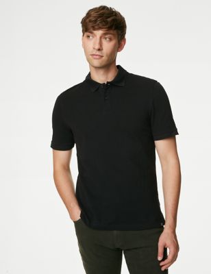 M&S Mens Pure Cotton Pique Polo Shirt - SREG - Black, Black,White,Dark Navy,Pale Blue,Teal,Berry Red