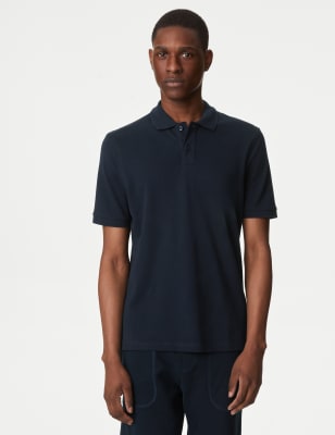 M&S Mens Slim Fit Pure Cotton Pique Polo Shirt - LREG - Dark Navy, Dark Navy,Pale Blue,White