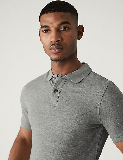 Marks And Spencer Mens M&S Collection Slim Fit Pure Cotton Pique Polo Shirt - Grey, Grey