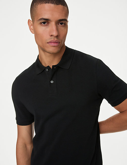 Marks And Spencer Mens M&S Collection Slim Fit Pure Cotton Pique Polo Shirt - Black, Black