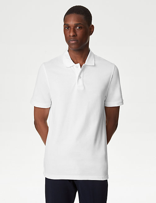 Marks And Spencer Mens M&S Collection Slim Fit Pure Cotton Pique Polo Shirt - White, White