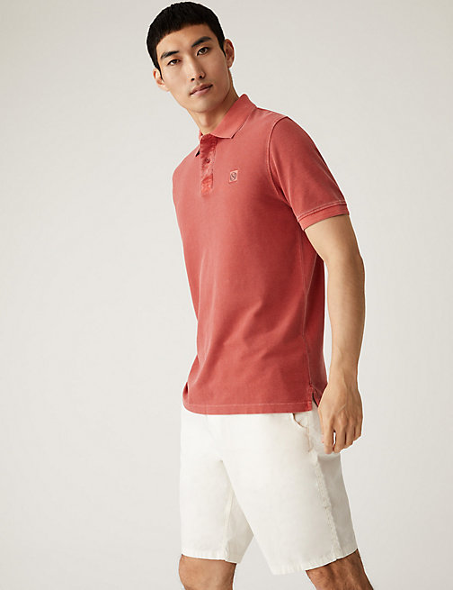 Marks And Spencer Mens M&S Collection Pure Cotton Garment Dye Polo Shirt - Dark Red, Dark Red