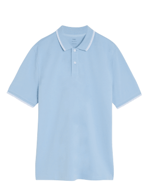 

Mens M&S Collection Pure Cotton Tipped Pique Polo Shirt - Light Blue, Light Blue