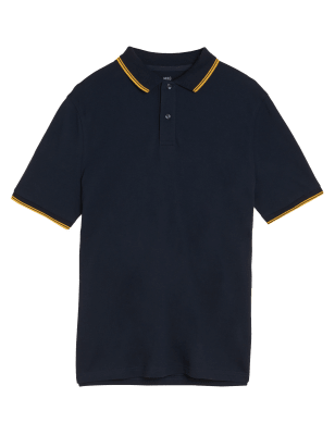 

Mens M&S Collection Pique-Poloshirt aus reiner Baumwolle mit Kontraststreifen - Dark Navy, Dark Navy