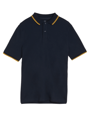 

Mens M&S Collection Pure Cotton Tipped Pique Polo Shirt - Dark Navy, Dark Navy