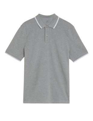 

Mens M&S Collection Pure Cotton Tipped Pique Polo Shirt - Grey Mix, Grey Mix