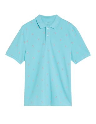 

Mens M&S Collection Pure Cotton Flamingo Print Pique Polo Shirt - Dusted Aqua, Dusted Aqua