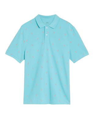 

Mens M&S Collection Pure Cotton Flamingo Print Pique Polo Shirt - Dusted Aqua, Dusted Aqua