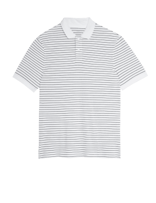 

Mens M&S Collection Gestreiftes Pique-Poloshirt aus reiner Baumwolle - White, White