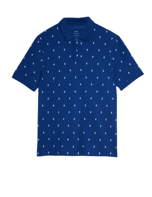 

Mens M&S Collection Pure Cotton Boat Print Pique Polo Shirt - Dark Blue, Dark Blue
