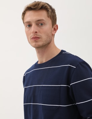 

Mens M&S Collection Schweres T-Shirt aus reiner Baumwolle mit Streifen - Dark Navy, Dark Navy