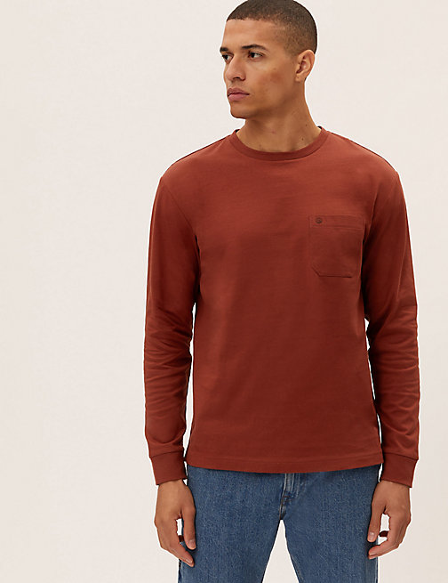 Marks And Spencer Mens M&S Collection Pure Cotton Long Sleeve T-Shirt - Brick, Brick
