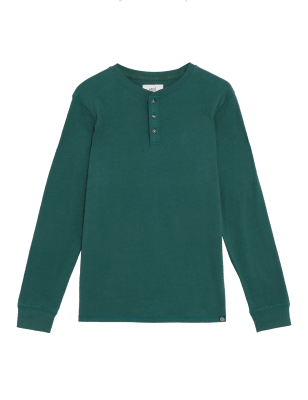 

M&S Collection Camiseta de algodón cepillado Henley de escote cerradoMens - Dark Green, Dark Green