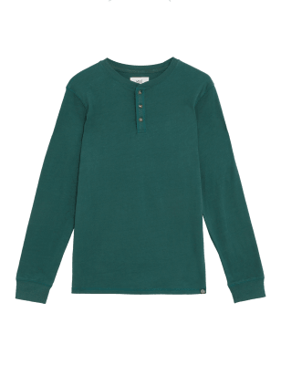 

Mens M&S Collection Brushed Cotton Crew Neck Henley T-Shirt - Dark Green, Dark Green