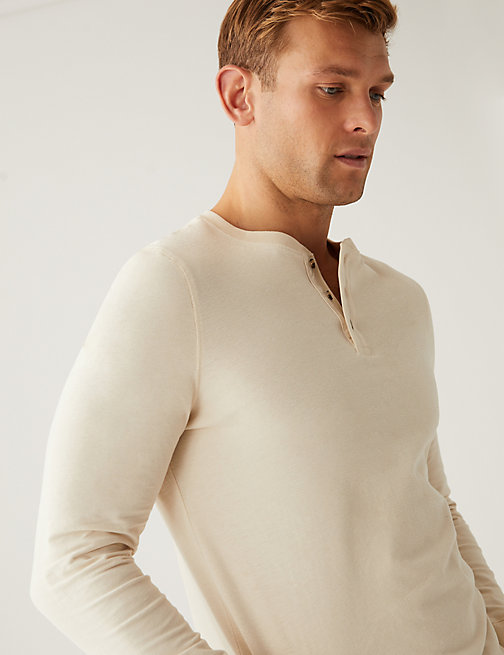 Marks And Spencer Mens M&S Collection Brushed Cotton Crew Neck Henley T-Shirt - Ecru, Ecru
