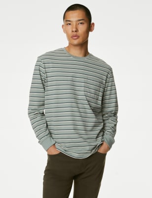 

Mens M&S Collection Pure Cotton Striped Long Sleeve T-Shirt - Sage Mix, Sage Mix